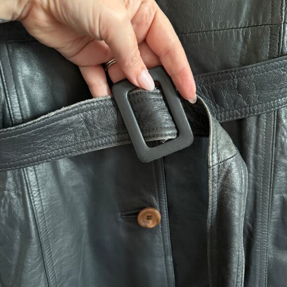 80s Vintage Emotion Dark Gray Leather Trench Coat with Belt | Small Retro - Picture 4 of 10